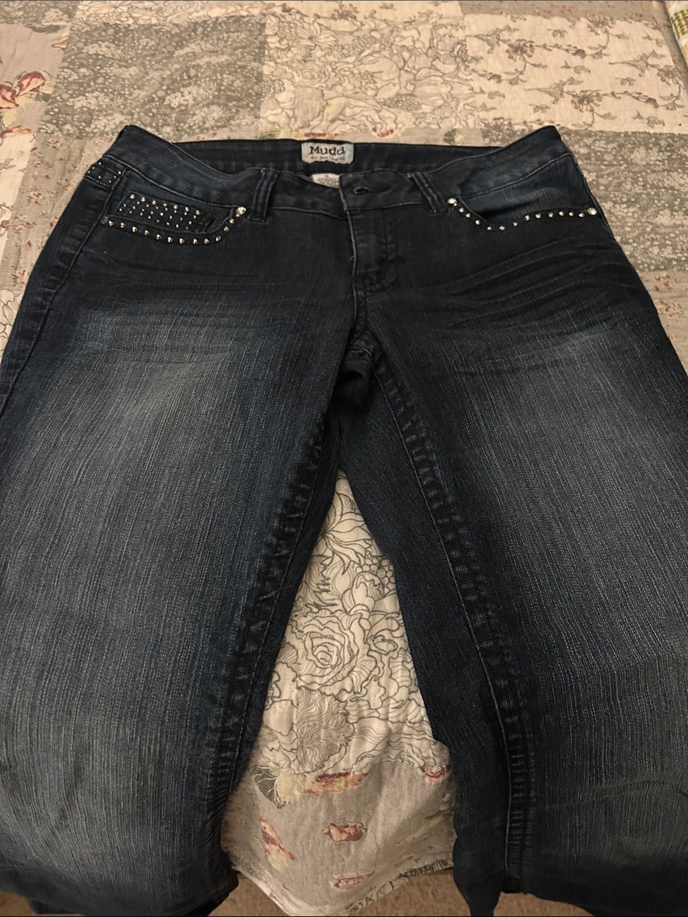 Mudd Women's Dark Blue Boot Cut Jeans with Studded Pockets Best for petite